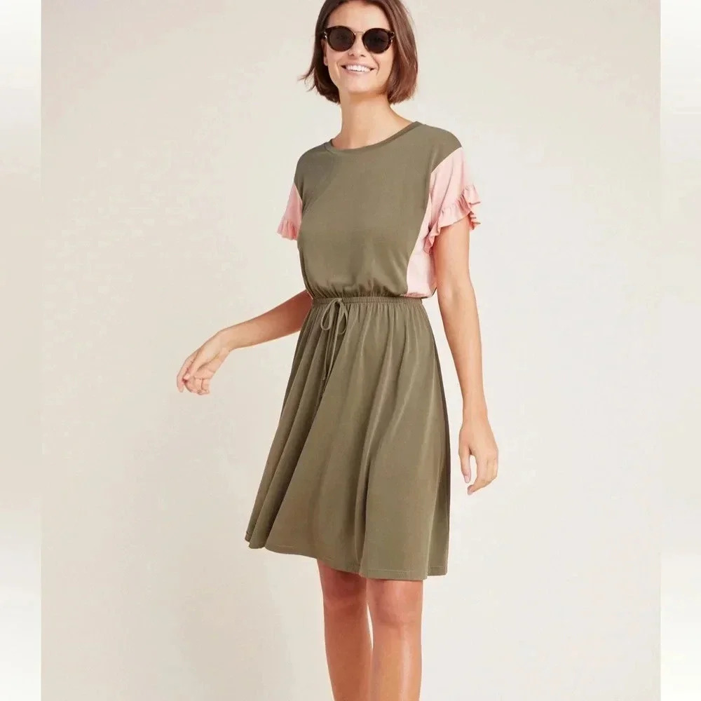 Anthropologie COA Taryn color blocked mini dress MP green pink ruffled modal